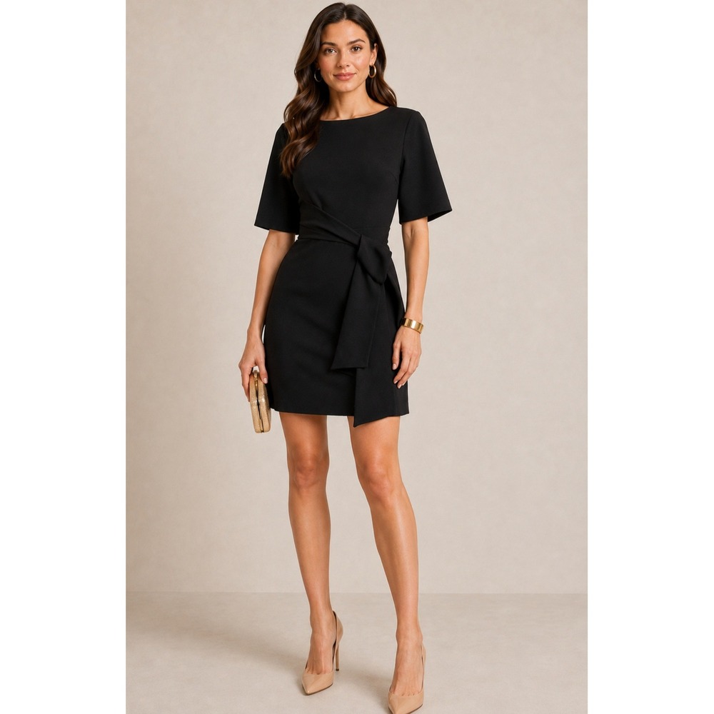 Alice + Olivia Black Short Sleeve Tie Waist Virgil Mini Dress Boat Neck Sheath 0